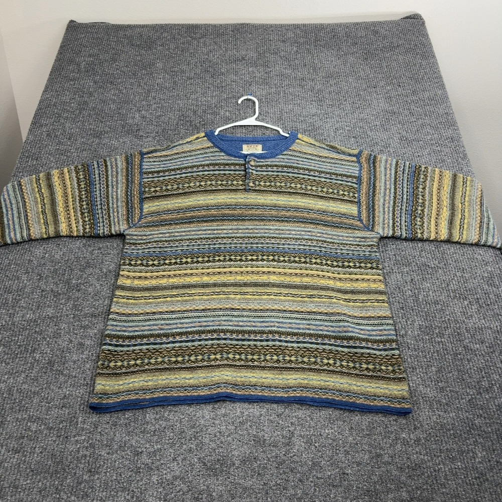 Vintage Skyr Sweater Mens XL Blue Lambswool Henley Striped Coogi Style